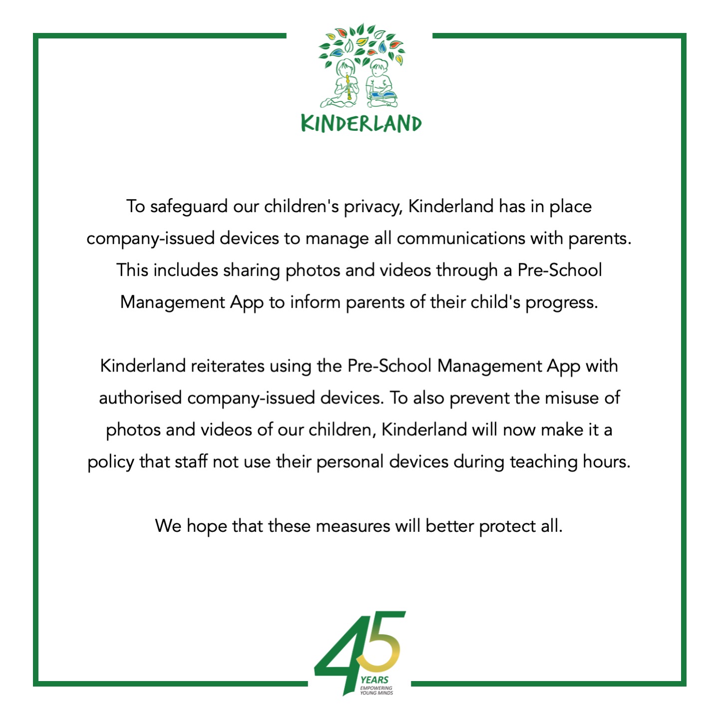 Kinderland has barred its staff from using personal devices during teaching hours. (Photo: KINDERLAND SINGAPORE/Facebook)