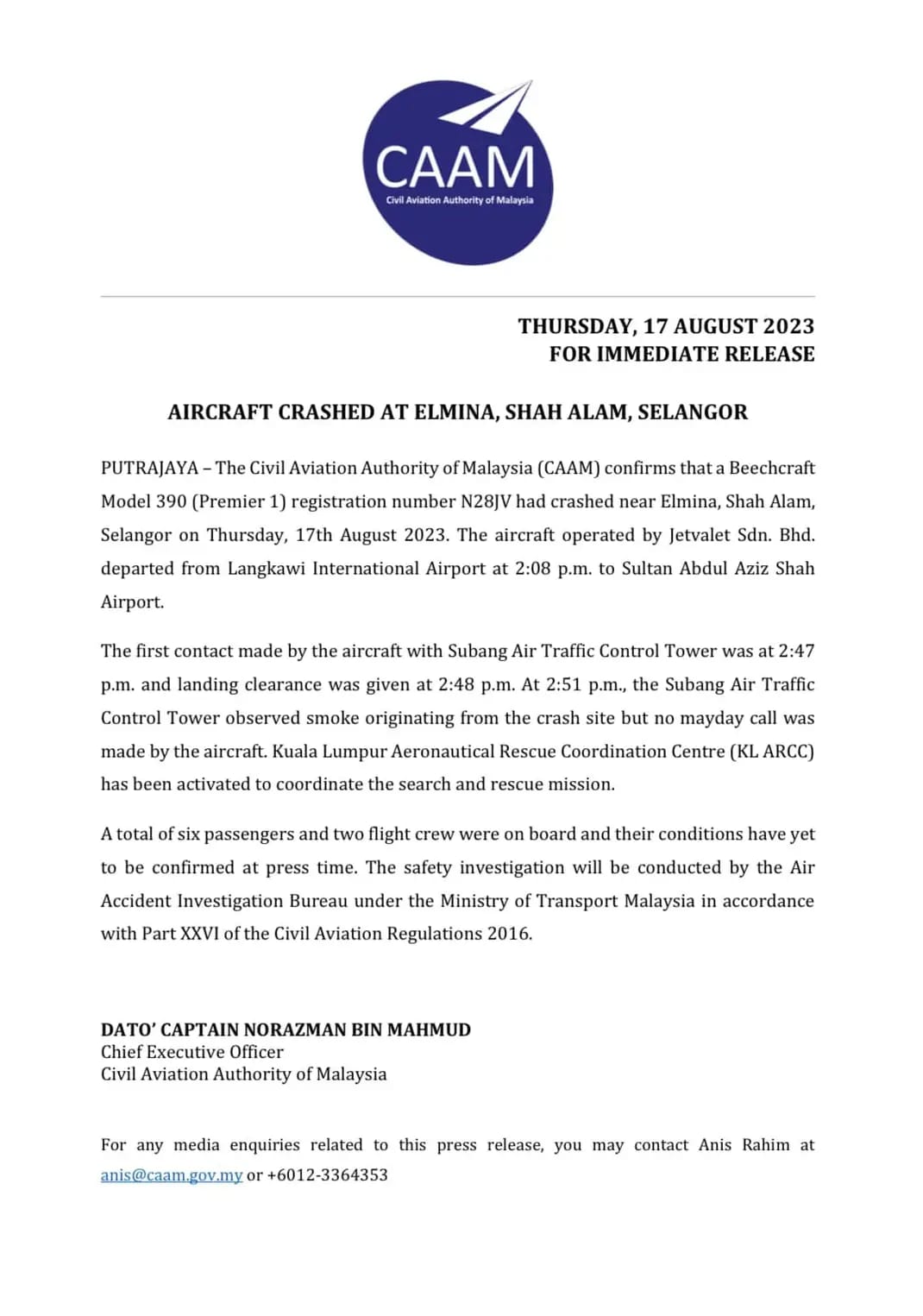Civil Aviation Authority of Malaysia (CAAM) statement (Photo: Facebook/Civil Aviation Authority of Malaysia)