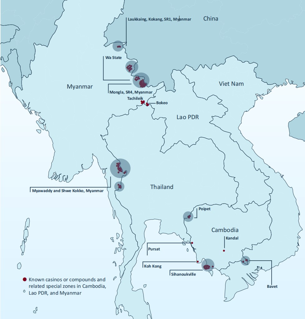 Note: The present map depicts locations of known casinos, reported or raided compounds related special zones in Cambodia, Lao PDR, and Myanmar as reported by regional law enforcement authorities and may be subject to change given the evolving situation an ongoing law enforcement operations. Numerous other compounds have been reported by regional law enforcement but have not included as they remain under investigation. (Source: UNODC)