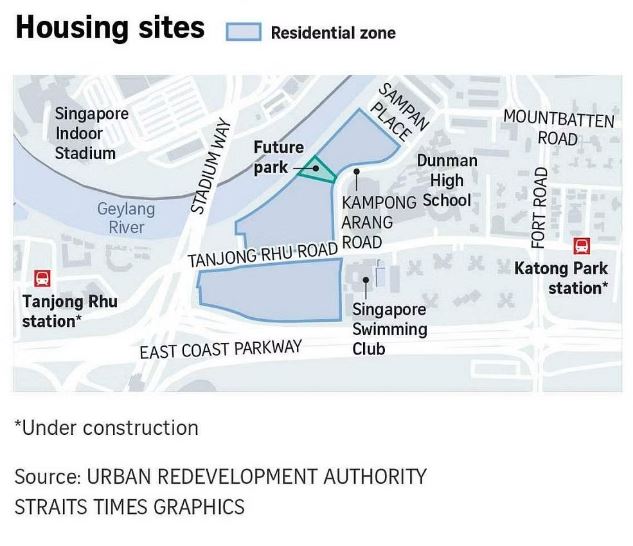The first plot, adjacent to Sampan Place, is about 2ha – equivalent in size to just under three football fields – and has a plot ratio of 3.6. Graphic by The Straits Times