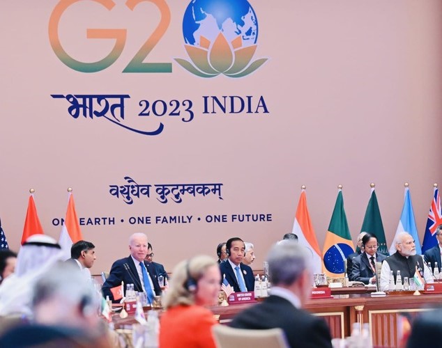 President Jokowi delivered a presentation during the first session of the G20 India Summit at Bharat Mandapam, IECC, Pragati Maidan, New Delhi, India, on Saturday (9/9/2023). (Photo: Presidential Secretariat Press, Media, and Information Bureau)