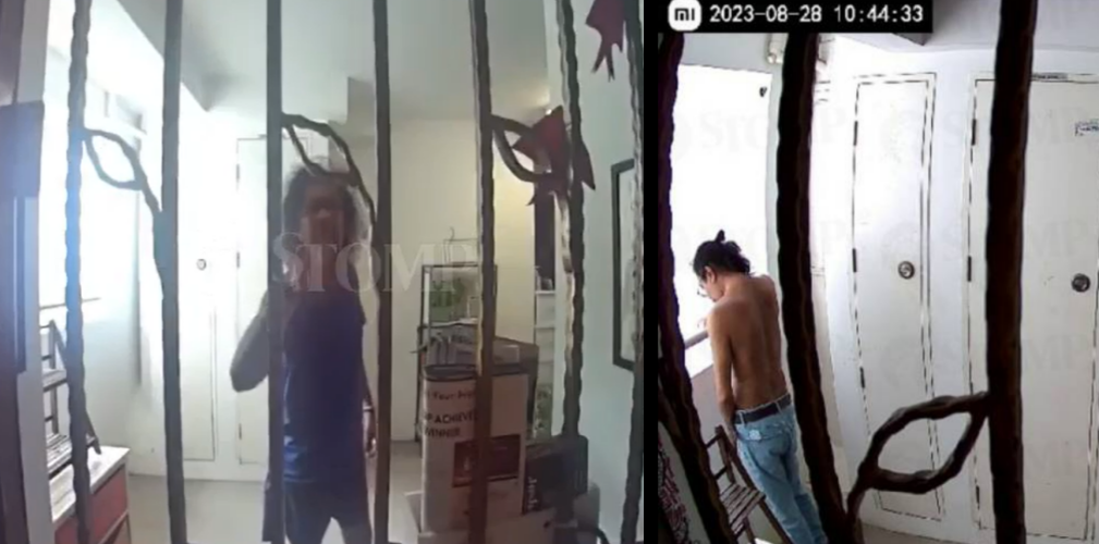 CCTV shot of unruly neighbour shouting profanities on Aug 18, and on Aug 28, peeing in the corner. (Photo: Stomp)