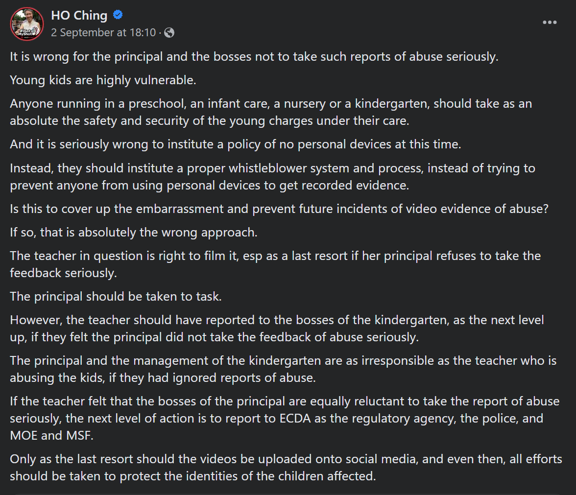 Mdm Ho Ching FB post on Kinderland's issue (Pic: HO Ching/Facebook)