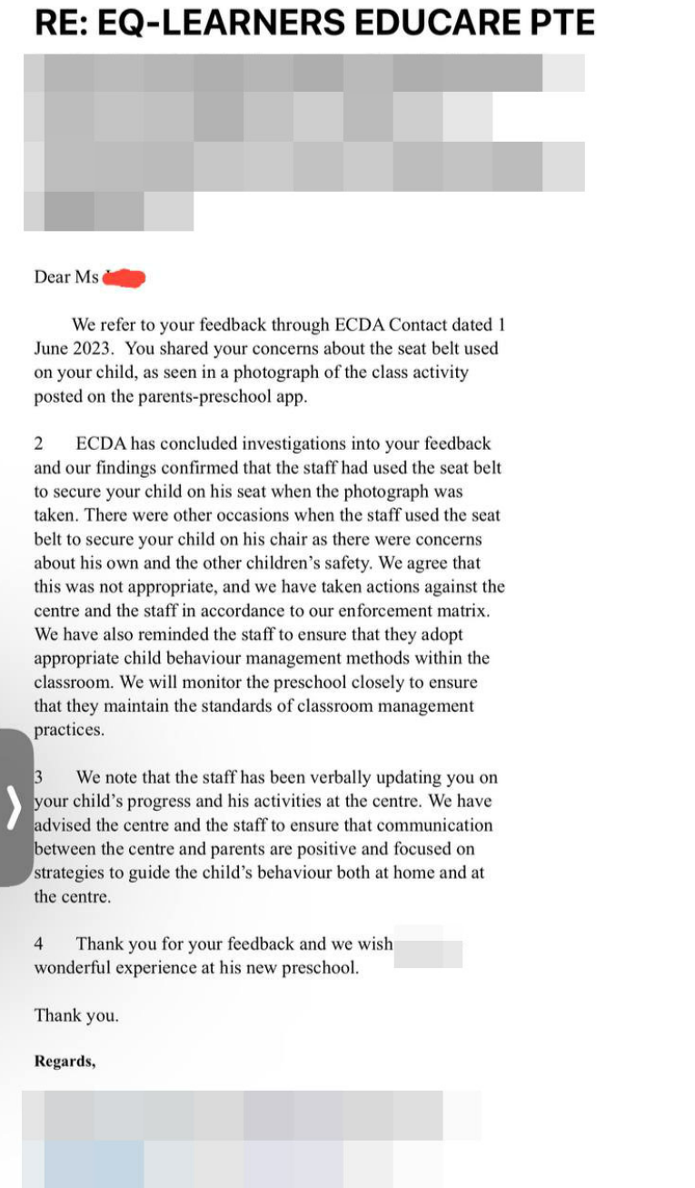 ECDA email response following Linda's complaint. (Photo: Mothership)