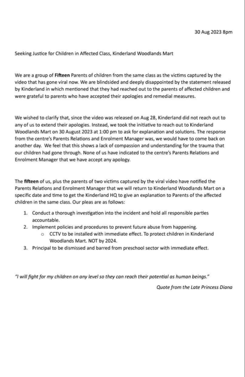 Statement from affected parents of Kinderland Woodlands (Photo: 'Childcare in Singapore' group/Facebook)