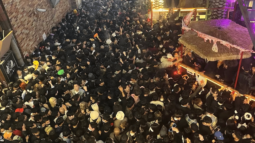 The scene captured before the tragic incident last Halloween in South Korea.