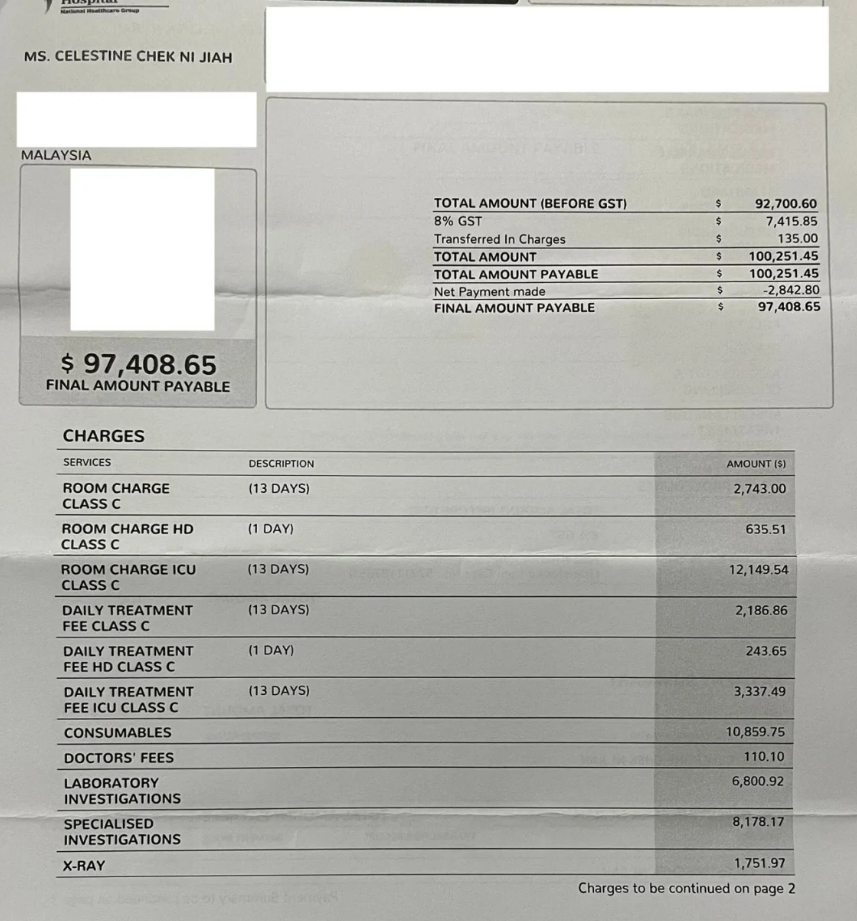 Celestine's medical bill from Khoo Teck Puat Hospital. (Photo: Give.Asia)
