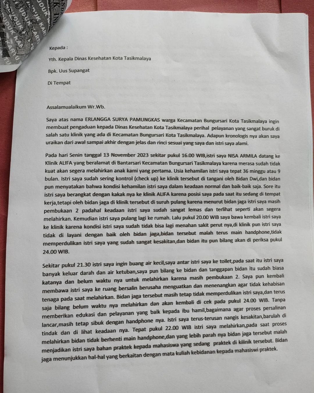 Erlangga's letter to the Head of Tasikmalaya City Health Service (Photo: Nadia's Instagram)