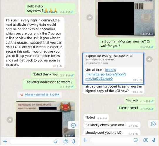Screenshots depicting a dialogue between a fraudster and a target. The scammers would coerce victims into making upfront payments to guarantee property viewings. (Images: Singapore Police Force)
