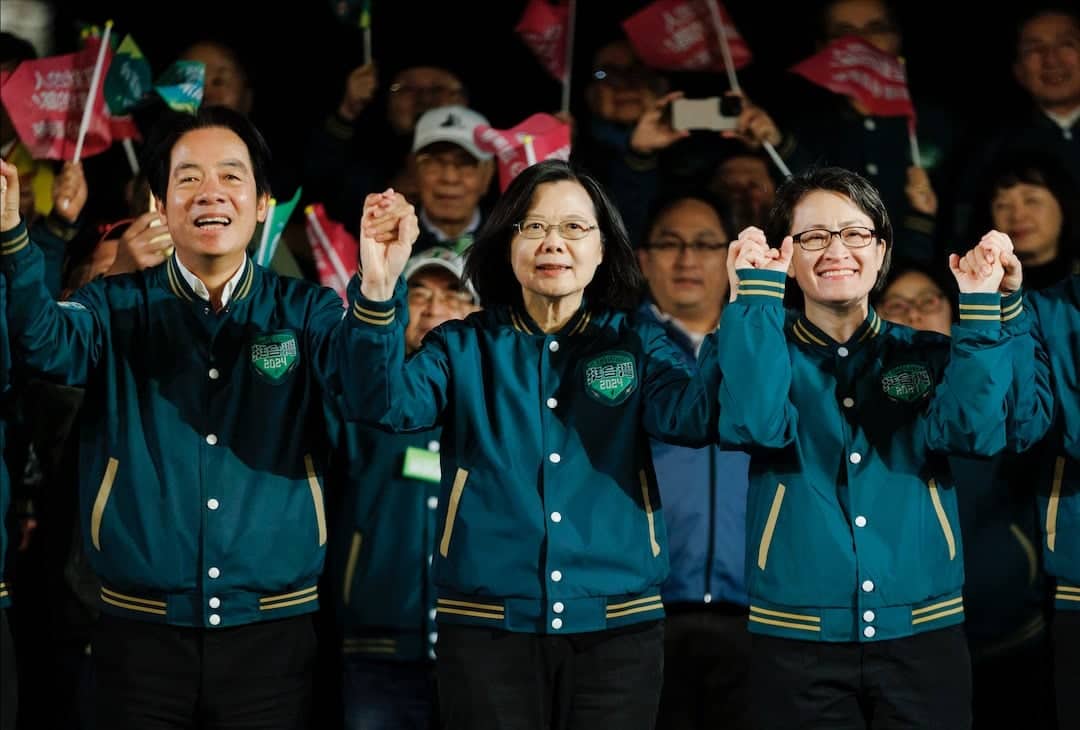 Democratic Progressive Party's President Candidate, Lai Ching-te, Taiwan President Tsai Ing-Wen, and DPP's Vice-President Candidate, Hsiao Bi-khim.