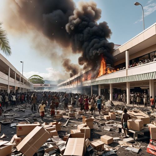A shopping center was set on fire, and stores were ransacked in Papua New Guinea following a 'glitch' that resulted in public servants being short-changed in their pay. (Photo: ABC News)