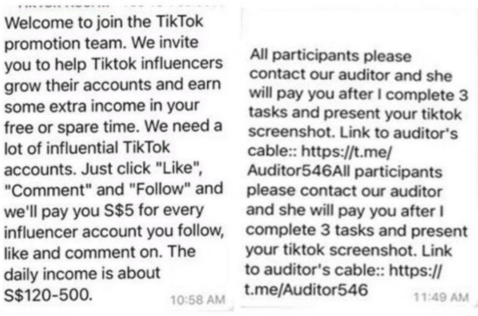 Example of fake job offers from scammers after being added to chat groups. (Photo: SINGAPORE POLICE FORCE)