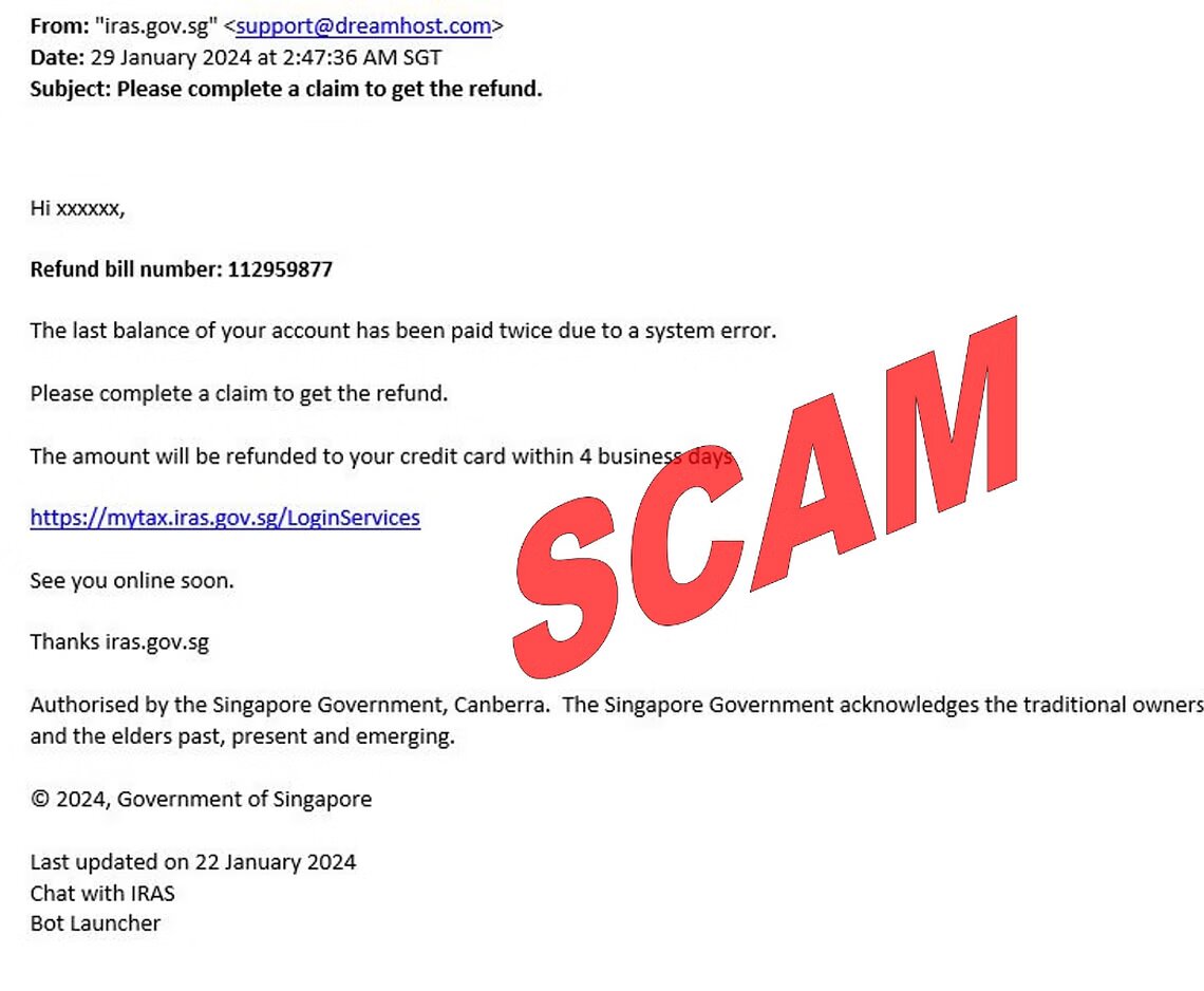 A snapshot of a phishing email, directing taxpayers to a counterfeit website for purported tax refunds. (Photo: IRAS)