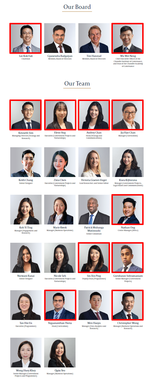 Those in red, have formerly worked in Singapore's civil service, according to their portfolio listed on the Chandler Institute of Governance's website.
