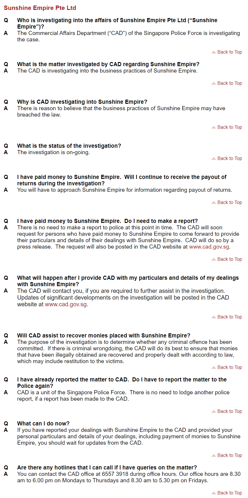 FAQ from the Commercial Affairs Department to victims on its removed website.